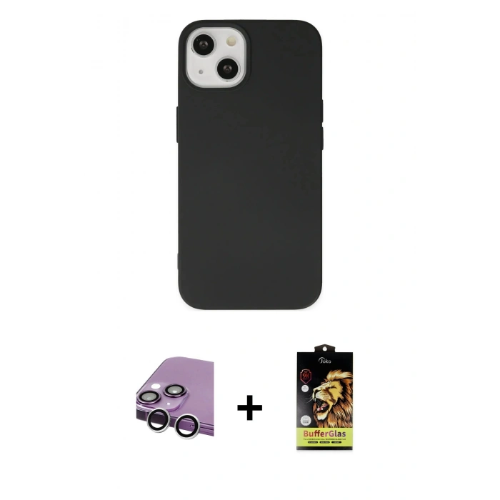 MARSİLYAN™- iPhone 14 Kılıf Ahenk Serisi - Siyah Buffer Cam Ekran Koruyucu + Raze Metal Kamera Lens - GS