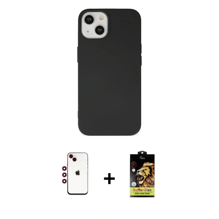 MARSİLYAN™- iPhone 14 Kılıf Ahenk Serisi - Siyah Buffer Cam Ekran Koruyucu + Shine Kamera Lens - KI