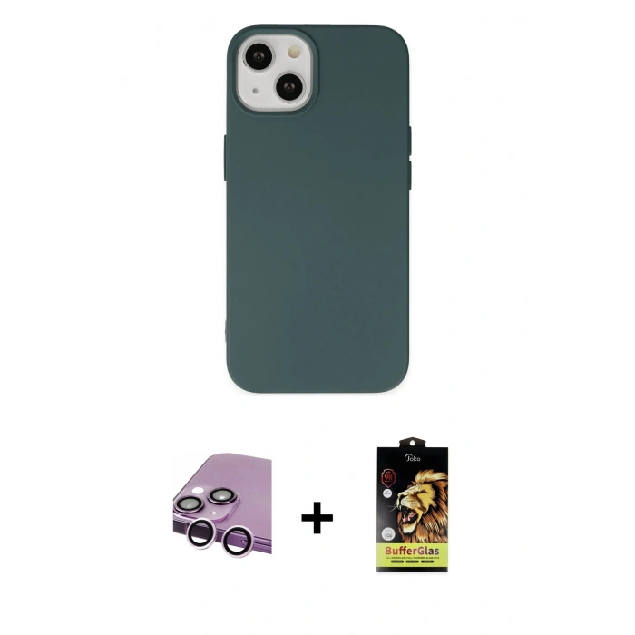 MARSİLYAN™- iPhone 14 Kılıf Ahenk Serisi - Siyah Buffer Cam Ekran Koruyucu + Raze Metal Kamera Lens - MR