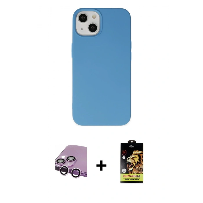 MARSİLYAN™- iPhone 14 Kılıf Ahenk Serisi - Siyah Buffer Cam Ekran Koruyucu + Raze Metal Kamera Lens - MR
