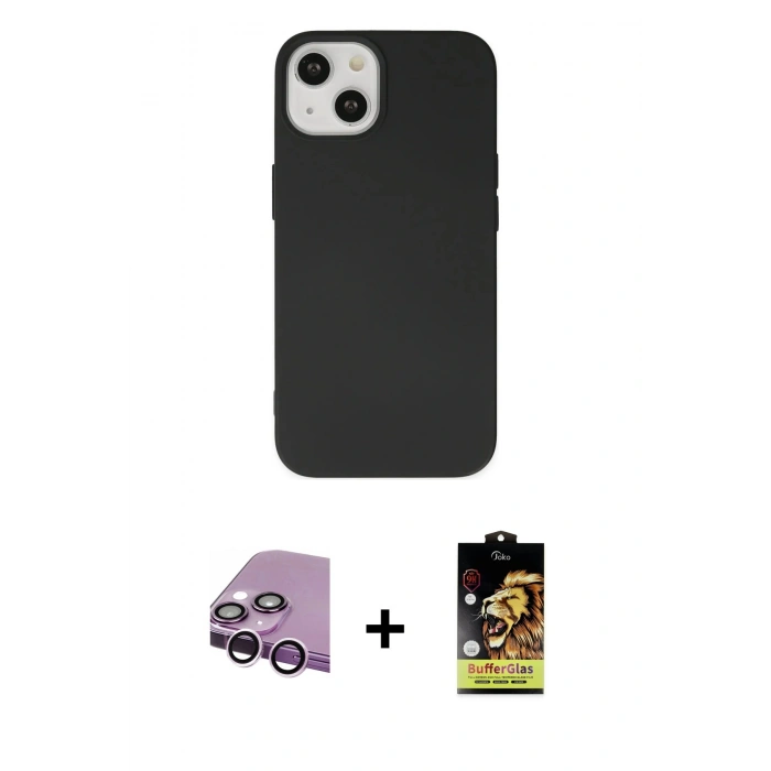 MARSİLYAN™- iPhone 14 Kılıf Ahenk Serisi - Siyah Buffer Cam Ekran Koruyucu + Raze Metal Kamera Lens - MR