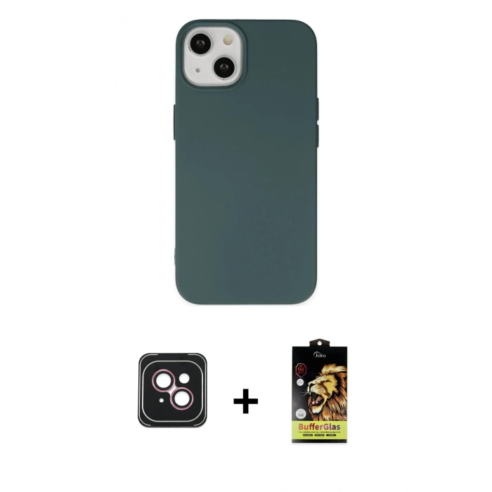 MARSİLYAN™- iPhone 14 Kılıf Ahenk Serisi - Siyah Buffer Cam Ekran Koruyucu + PVD Metal Kamera Lens - PE