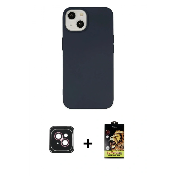 MARSİLYAN™- iPhone 14 Kılıf Ahenk Serisi - Siyah Buffer Cam Ekran Koruyucu + PVD Metal Kamera Lens - PE