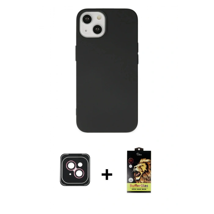 MARSİLYAN™- iPhone 14 Kılıf Ahenk Serisi - Siyah Buffer Cam Ekran Koruyucu + PVD Metal Kamera Lens - PE
