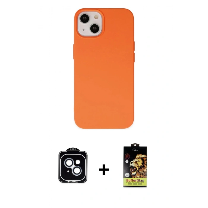 MARSİLYAN™- iPhone 14 Kılıf Ahenk Serisi - Siyah Buffer Cam Ekran Koruyucu + PVD Metal Kamera Lens - MI