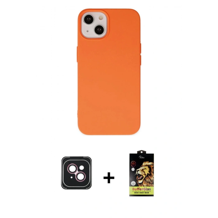 MARSİLYAN™- iPhone 14 Kılıf Ahenk Serisi - Siyah Buffer Cam Ekran Koruyucu + PVD Metal Kamera Lens - PE