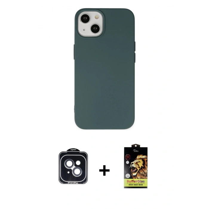MARSİLYAN™- iPhone 14 Kılıf Ahenk Serisi - Siyah Buffer Cam Ekran Koruyucu + PVD Metal Kamera Lens - SH
