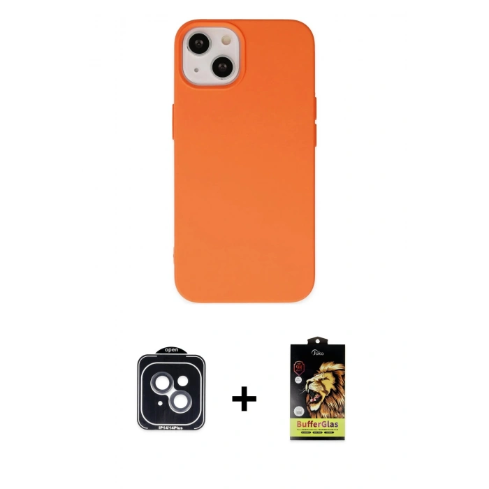MARSİLYAN™- iPhone 14 Kılıf Ahenk Serisi - Siyah Buffer Cam Ekran Koruyucu + PVD Metal Kamera Lens - SH