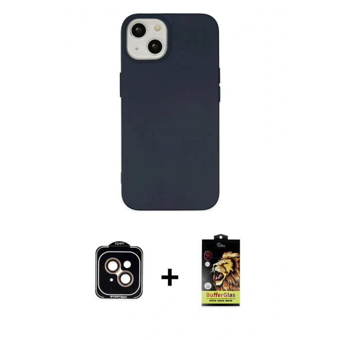 MARSİLYAN™- iPhone 14 Kılıf Ahenk Serisi - Siyah Buffer Cam Ekran Koruyucu + PVD Metal Kamera Lens - TU