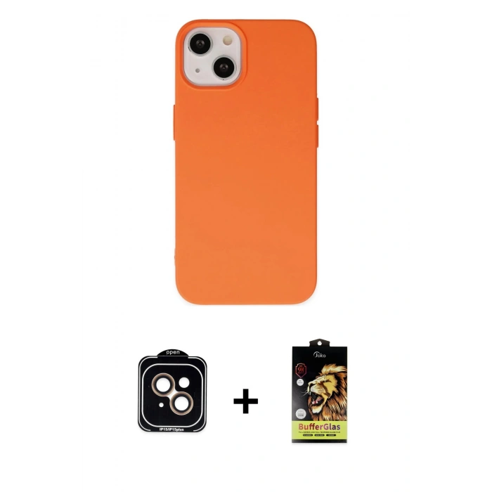 MARSİLYAN™- iPhone 14 Kılıf Ahenk Serisi - Siyah Buffer Cam Ekran Koruyucu + PVD Metal Kamera Lens - TU