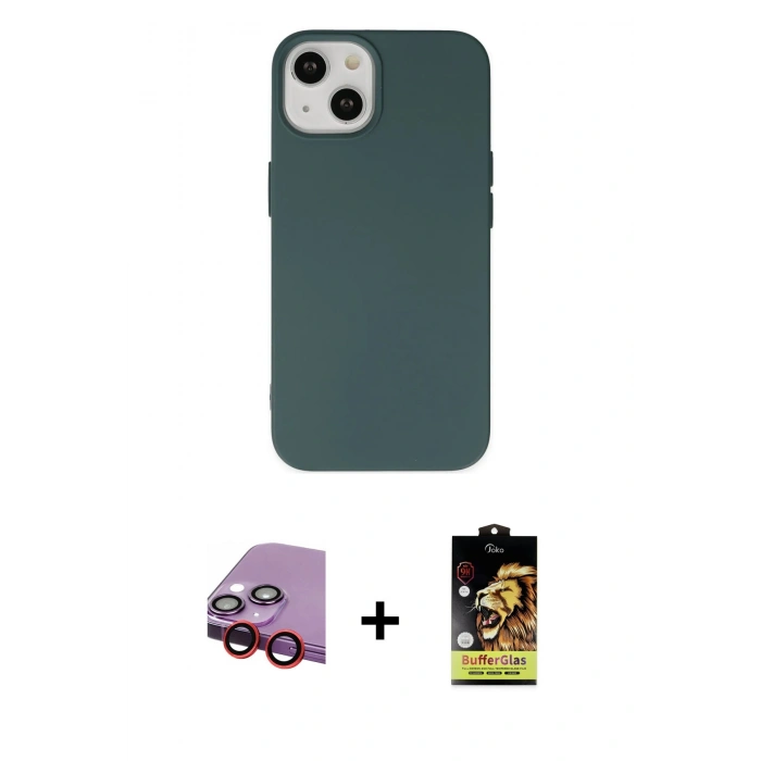 MARSİLYAN™- iPhone 14 Kılıf Ahenk Serisi - Siyah Buffer Cam Ekran Koruyucu + Raze Metal Kamera Lens - KI