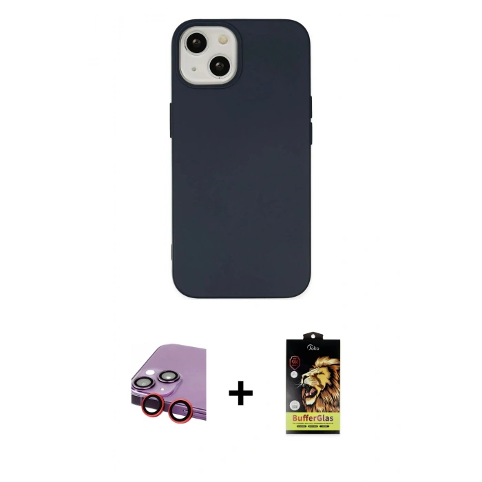 MARSİLYAN™- iPhone 14 Kılıf Ahenk Serisi - Siyah Buffer Cam Ekran Koruyucu + Raze Metal Kamera Lens - KI