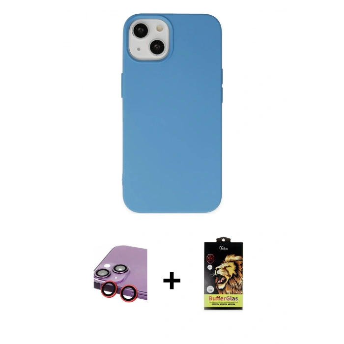 MARSİLYAN™- iPhone 14 Kılıf Ahenk Serisi - Siyah Buffer Cam Ekran Koruyucu + Raze Metal Kamera Lens - KI
