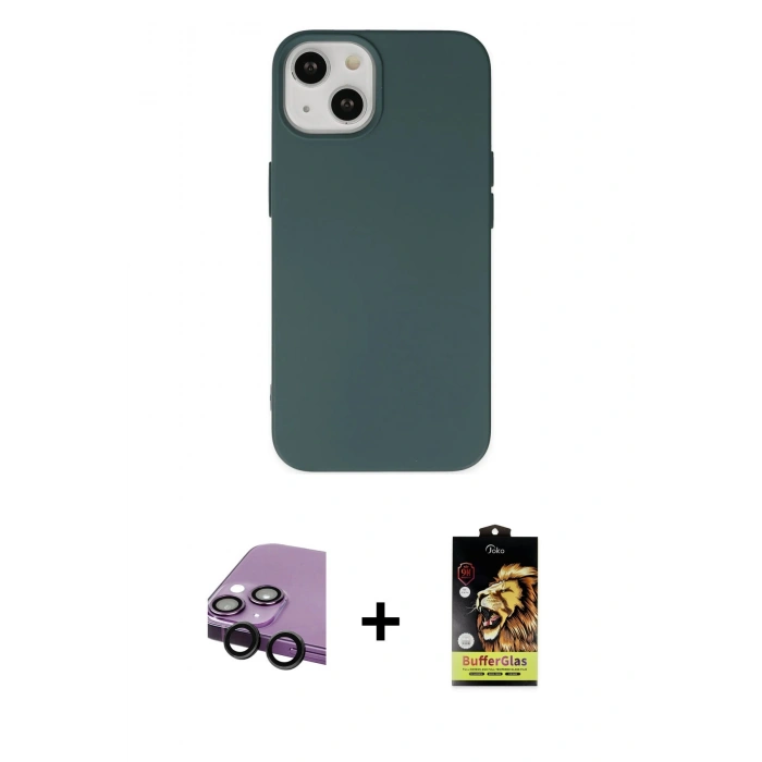 MARSİLYAN™- iPhone 14 Kılıf Ahenk Serisi - Siyah Buffer Cam Ekran Koruyucu + Raze Metal Kamera Lens - SH