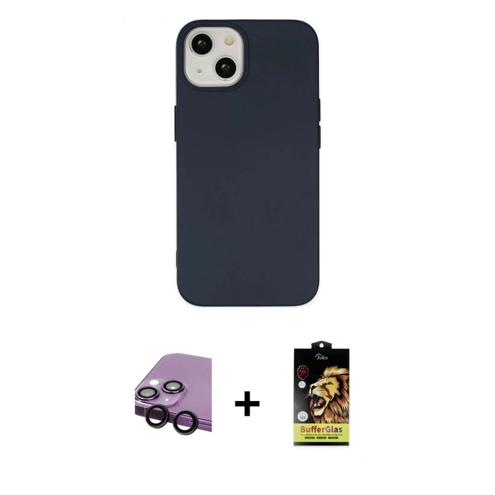 MARSİLYAN™- iPhone 14 Kılıf Ahenk Serisi - Siyah Buffer Cam Ekran Koruyucu + Raze Metal Kamera Lens - SH