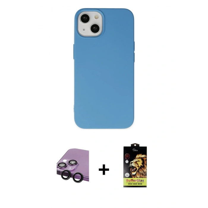 MARSİLYAN™- iPhone 14 Kılıf Ahenk Serisi - Siyah Buffer Cam Ekran Koruyucu + Raze Metal Kamera Lens - SH