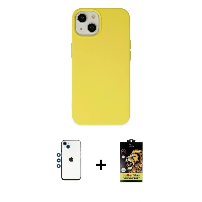 MARSİLYAN™- iPhone 14 Kılıf Ahenk Serisi - Siyah Buffer Cam Ekran Koruyucu + Shine Kamera Lens - MI