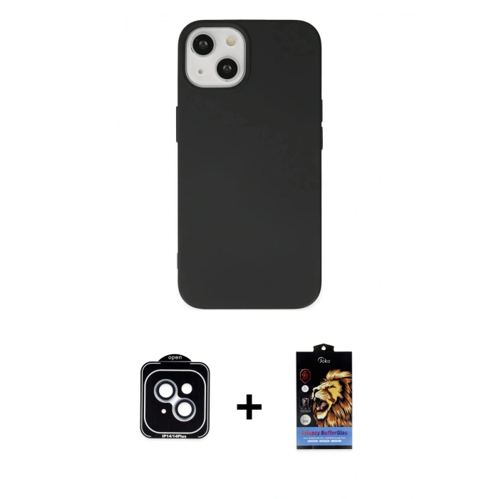 MARSİLYAN™- iPhone 14 Kılıf Ahenk Serisi - Siyah Buffer Hayalet Cam Ekran Koruyucu + PVD Metal Kamera Lens - MI