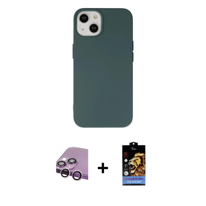 MARSİLYAN™- iPhone 14 Kılıf Ahenk Serisi - Siyah Buffer Hayalet Cam Ekran Koruyucu + Raze Metal Kamera Lens - MR
