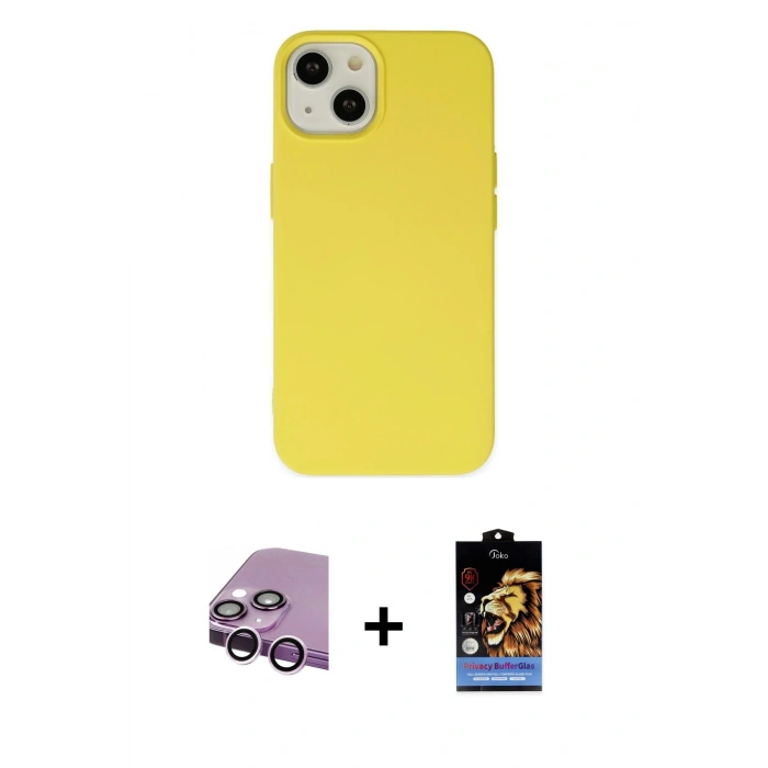 MARSİLYAN™- iPhone 14 Kılıf Ahenk Serisi - Siyah Buffer Hayalet Cam Ekran Koruyucu + Raze Metal Kamera Lens - MR