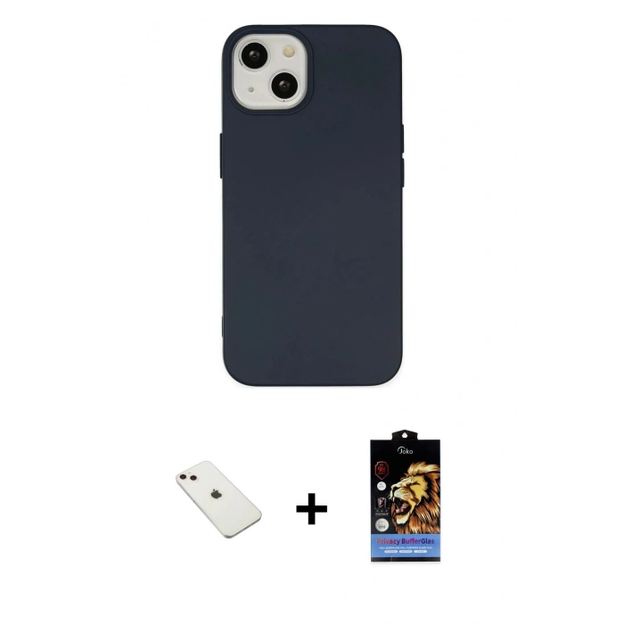 MARSİLYAN™- iPhone 14 Kılıf Ahenk Serisi - Siyah Buffer Hayalet Cam Ekran Koruyucu + Pembe Diamond Kamera Lens