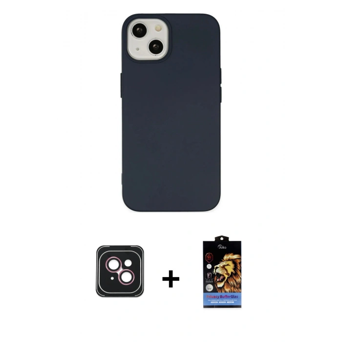 MARSİLYAN™- iPhone 14 Kılıf Ahenk Serisi - Siyah Buffer Hayalet Cam Ekran Koruyucu + PVD Metal Kamera Lens - PE