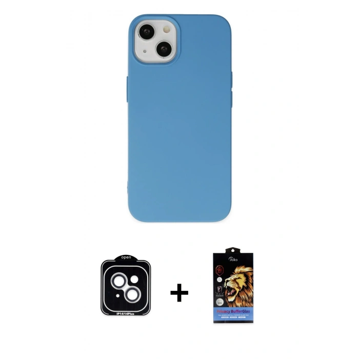MARSİLYAN™- iPhone 14 Kılıf Ahenk Serisi - Siyah Buffer Hayalet Cam Ekran Koruyucu + PVD Metal Kamera Lens - GS