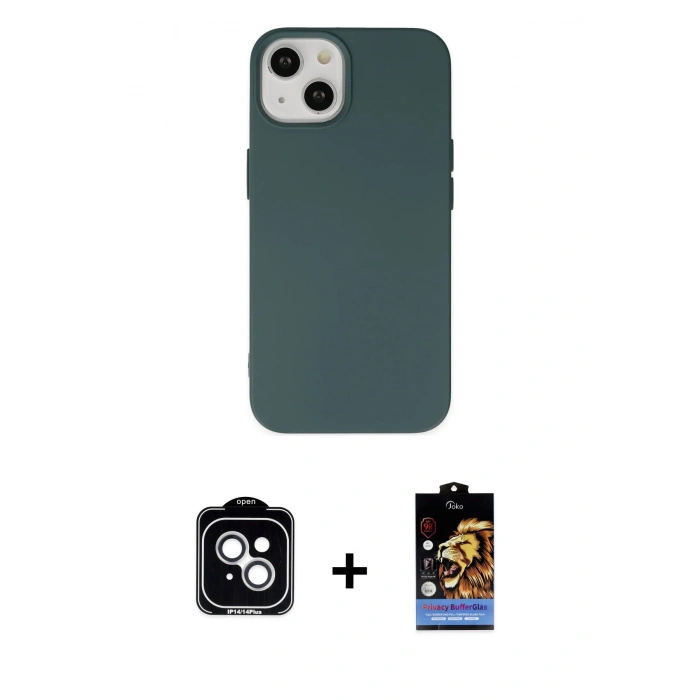 MARSİLYAN™- iPhone 14 Kılıf Ahenk Serisi - Siyah Buffer Hayalet Cam Ekran Koruyucu + PVD Metal Kamera Lens - GS