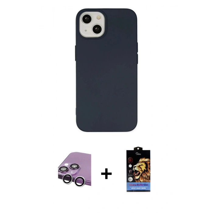 MARSİLYAN™- iPhone 14 Kılıf Ahenk Serisi - Siyah Buffer Hayalet Cam Ekran Koruyucu + Raze Metal Kamera Lens - GS