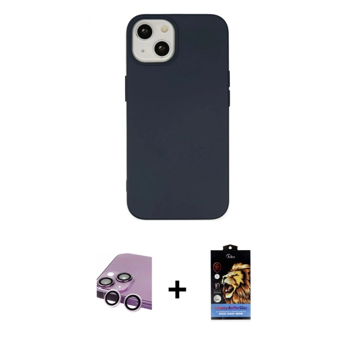 MARSİLYAN™- iPhone 14 Kılıf Ahenk Serisi - Siyah Buffer Hayalet Cam Ekran Koruyucu + Raze Metal Kamera Lens - MR