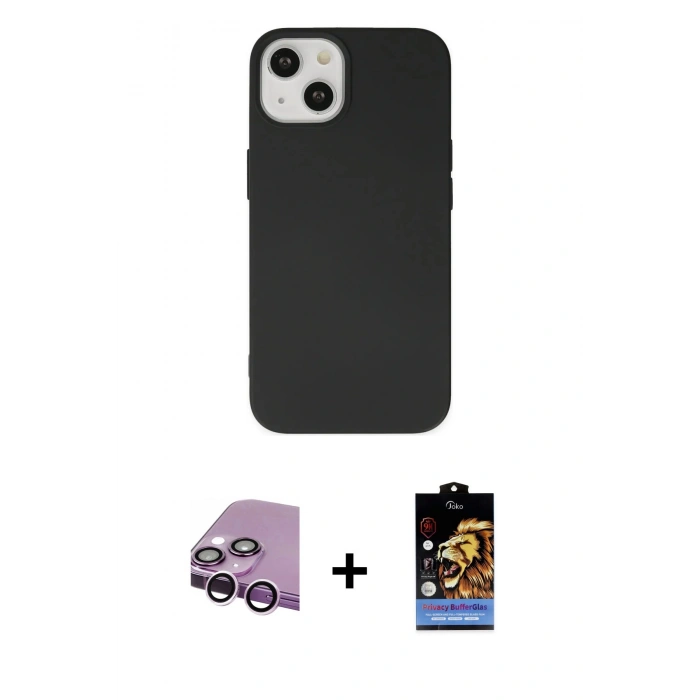 MARSİLYAN™- iPhone 14 Kılıf Ahenk Serisi - Siyah Buffer Hayalet Cam Ekran Koruyucu + Raze Metal Kamera Lens - MR