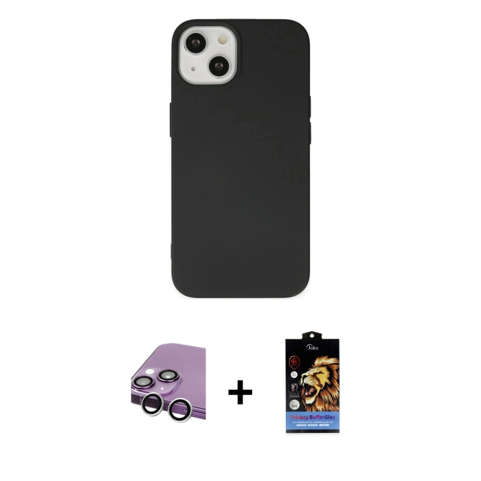 MARSİLYAN™- iPhone 14 Kılıf Ahenk Serisi - Siyah Buffer Hayalet Cam Ekran Koruyucu + Raze Metal Kamera Lens - GS