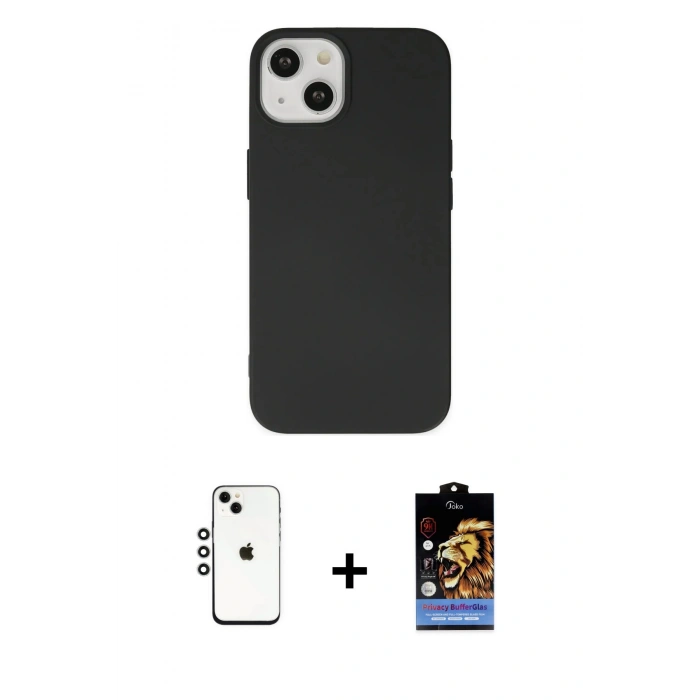 MARSİLYAN™- iPhone 14 Kılıf Ahenk Serisi - Siyah Buffer Hayalet Cam Ekran Koruyucu + Shine Kamera Lens - GS