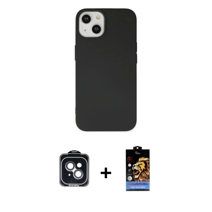 MARSİLYAN™- iPhone 14 Kılıf Ahenk Serisi - Siyah Buffer Hayalet Cam Ekran Koruyucu + PVD Metal Kamera Lens - SH