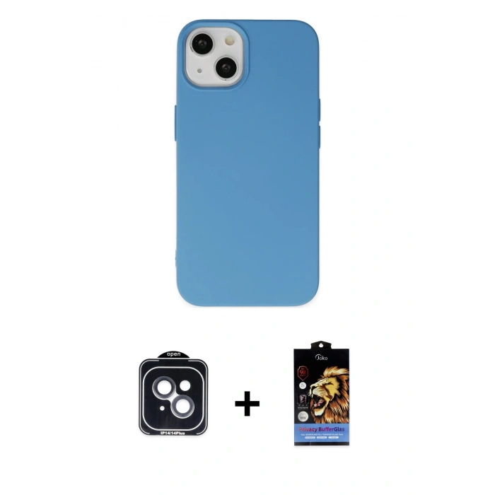 MARSİLYAN™- iPhone 14 Kılıf Ahenk Serisi - Siyah Buffer Hayalet Cam Ekran Koruyucu + PVD Metal Kamera Lens - SH