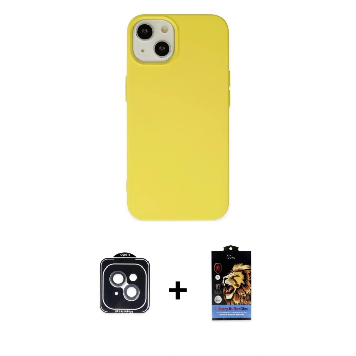 MARSİLYAN™- iPhone 14 Kılıf Ahenk Serisi - Siyah Buffer Hayalet Cam Ekran Koruyucu + PVD Metal Kamera Lens - SH
