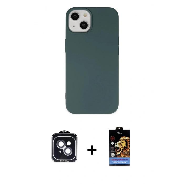 MARSİLYAN™- iPhone 14 Kılıf Ahenk Serisi - Siyah Buffer Hayalet Cam Ekran Koruyucu + PVD Metal Kamera Lens - SH