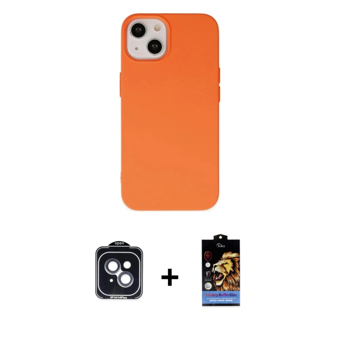 MARSİLYAN™- iPhone 14 Kılıf Ahenk Serisi - Siyah Buffer Hayalet Cam Ekran Koruyucu + PVD Metal Kamera Lens - SH