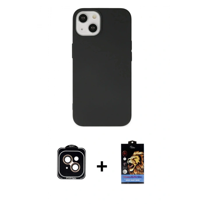 MARSİLYAN™- iPhone 14 Kılıf Ahenk Serisi - Siyah Buffer Hayalet Cam Ekran Koruyucu + Turuncu PVD Metal Kamera Lens