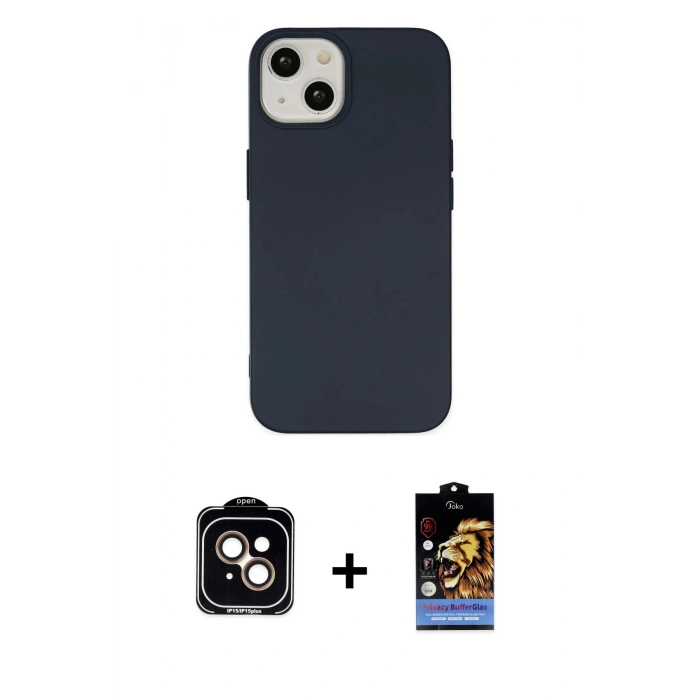 MARSİLYAN™- iPhone 14 Kılıf Ahenk Serisi - Siyah Buffer Hayalet Cam Ekran Koruyucu + Turuncu PVD Metal Kamera Lens