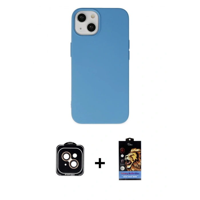 MARSİLYAN™- iPhone 14 Kılıf Ahenk Serisi - Siyah Buffer Hayalet Cam Ekran Koruyucu + Turuncu PVD Metal Kamera Lens