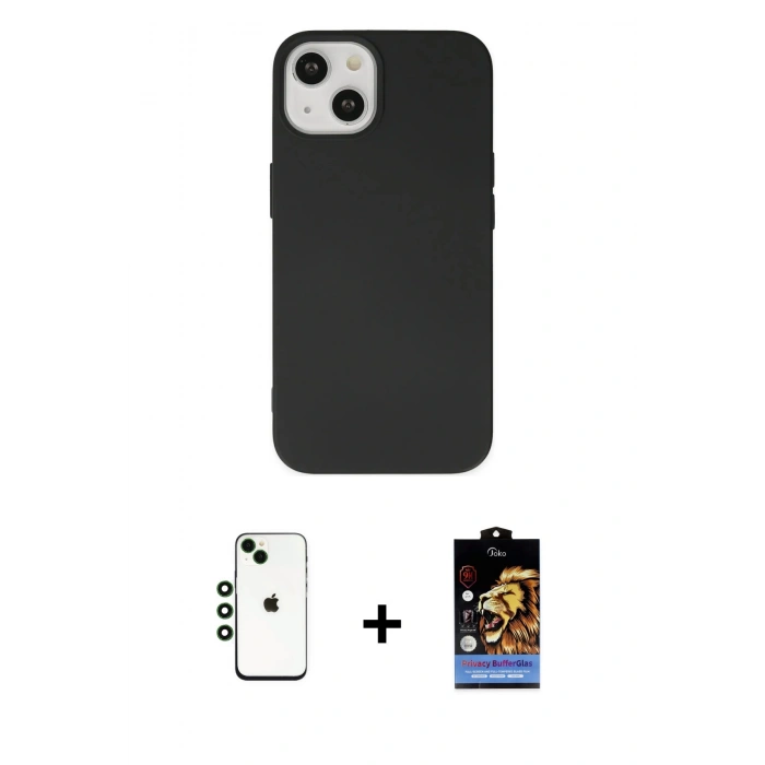MARSİLYAN™- iPhone 14 Kılıf Ahenk Serisi - Siyah Buffer Hayalet Cam Ekran Koruyucu + Shine Kamera Lens - YL