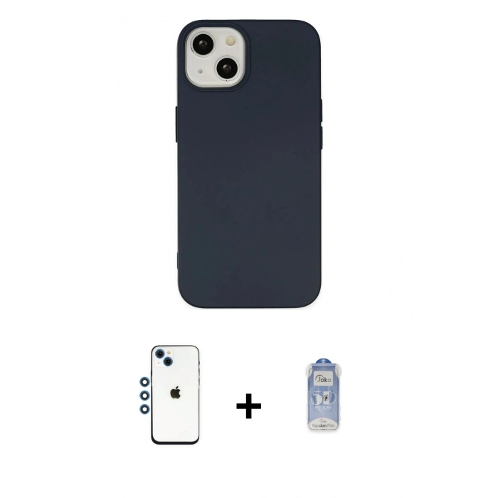 MARSİLYAN™- iPhone 14 Kılıf Ahenk Serisi - Siyah Joko Magic 5D Cam + Mavi Shine Kamera Lens