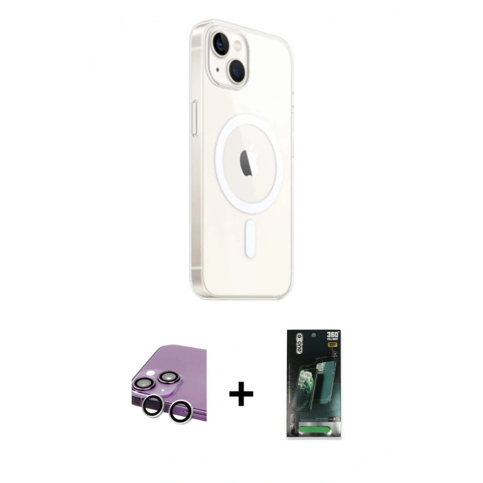 MARSİLYAN™- iPhone 14 Kılıf Ahenk Yansıma Prime - Şeffaf 360 Full Body Arka Koruyucu + Raze Metal Kamera Lens - GS