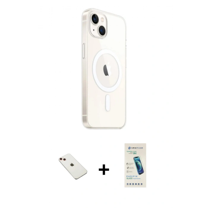 MARSİLYAN™- iPhone 14 Kılıf Ahenk Yansıma Prime - Şeffaf Pasifik Cam Ekran Koruyucu + Kırmızı Diamond Kamera Lens