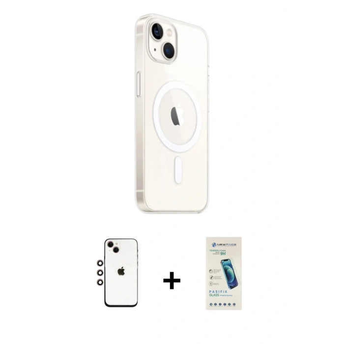 MARSİLYAN™- iPhone 14 Kılıf Ahenk Yansıma Prime - Şeffaf Pasifik Cam Ekran Koruyucu + Shine Kamera Lens - GI