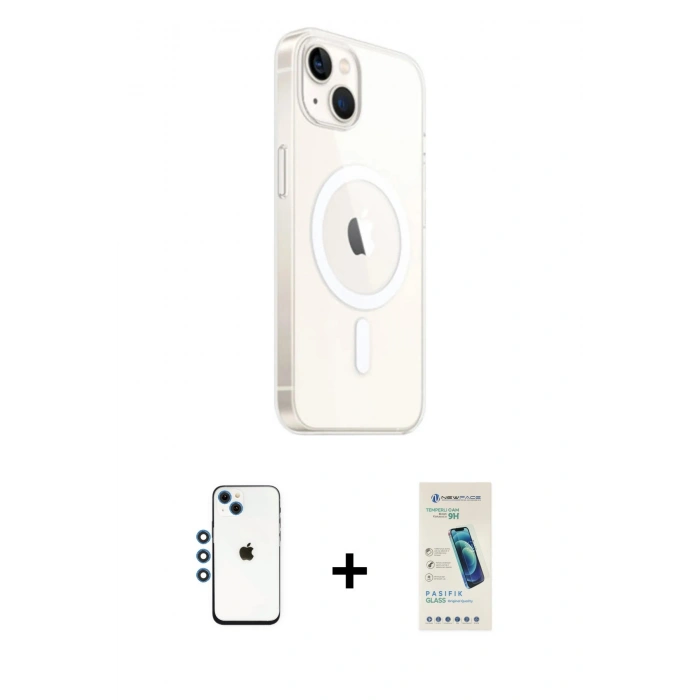 MARSİLYAN™- iPhone 14 Kılıf Ahenk Yansıma Prime - Şeffaf Pasifik Cam Ekran Koruyucu + Shine Kamera Lens - MI