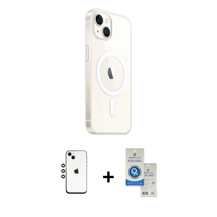 MARSİLYAN™- iPhone 14 Kılıf Ahenk Yansıma Prime - Şeffaf Royal Nano Ekran Koruyucu + Shine Kamera Lens - GS