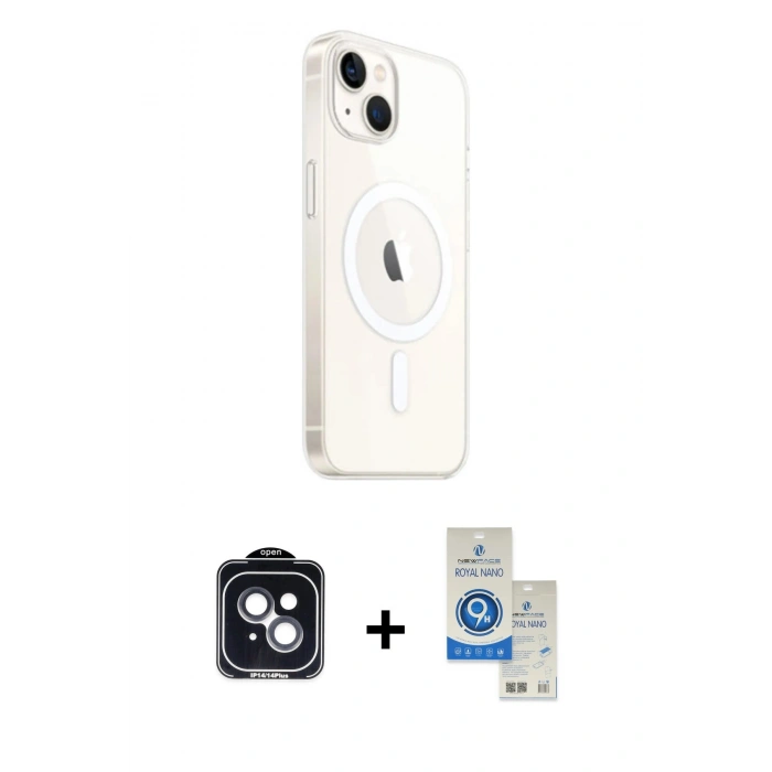 MARSİLYAN™- iPhone 14 Kılıf Ahenk Yansıma Prime - Şeffaf Royal Nano Ekran Koruyucu + PVD Metal Kamera Lens - SH
