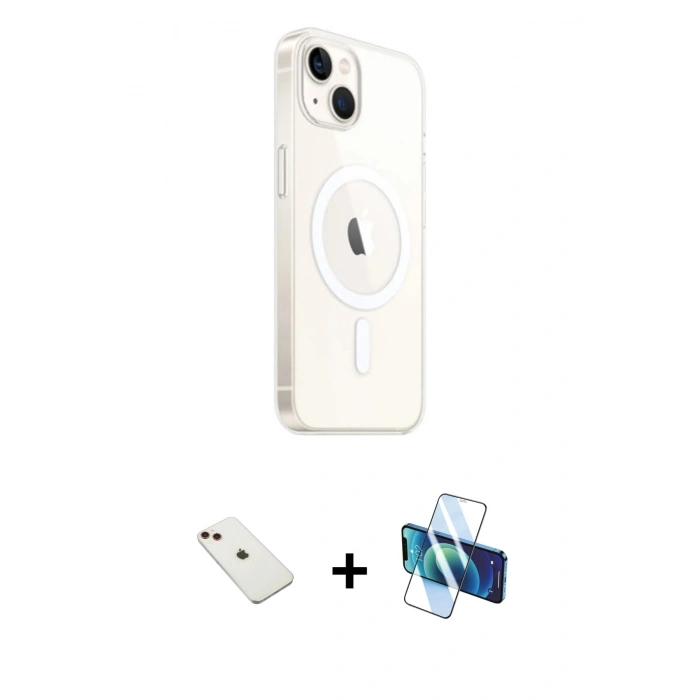 MARSİLYAN™- iPhone 14 Kılıf Ahenk Yansıma Prime - Siyah 3D Antistatik Cam Ekran Koruyucu + Diamond Kamera Lens - KI